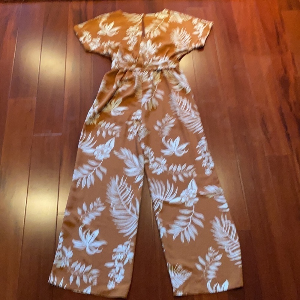 Blu Pepper Tropical Leaf Rust Open Back Jumpsuit - image 3